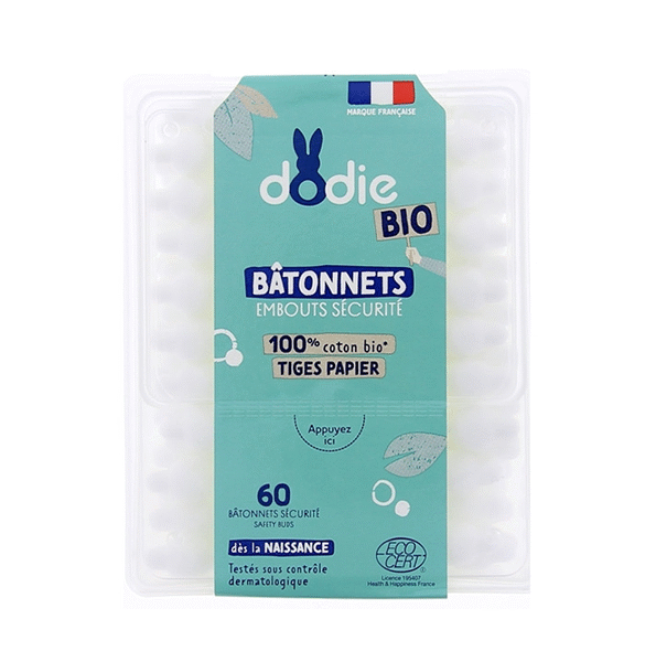 Dodie – Bâtonnets Coton Bio Embouts Sécurité - 60 Bâtonnets