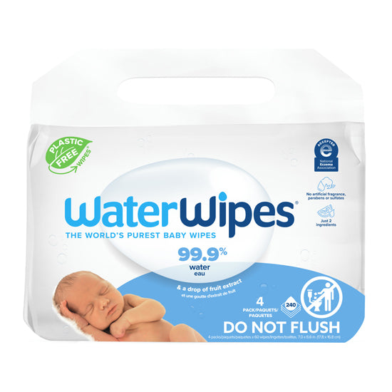 Waterwipes – Pack 4 X 60 Lingettes A L’Eau Pour Bebes A Peaux Sensibles